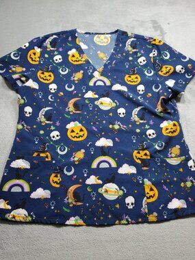 GT Scrub V-neck Top Halloween Spooky Theme Navy Blue Wm Sz M